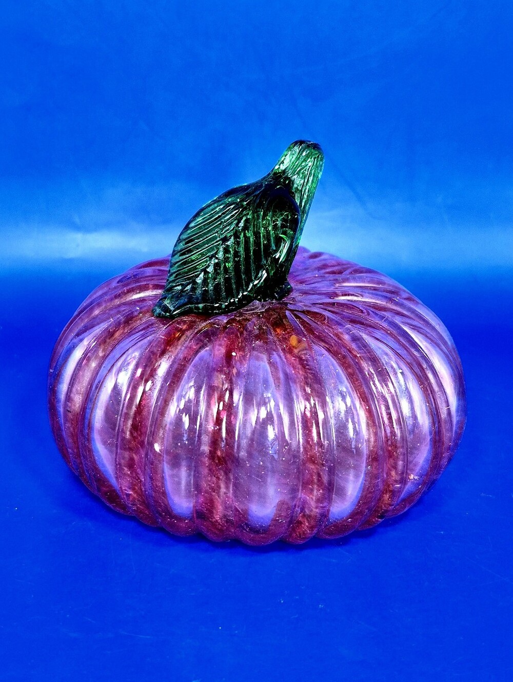 Beautiful Hand-Blown Pink Art Glass Pumpkin Figurine with Green Leaf Stem